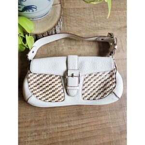 Michael Kors White & Tan Woven Leather Shoulder Bag Y2k‎ Baguette CUTE